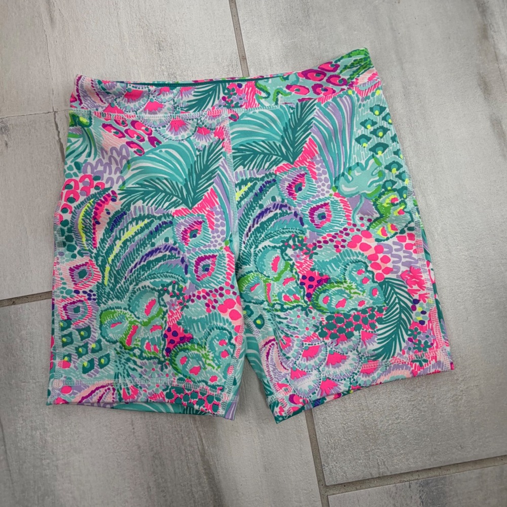 Lilly Pulitzer Luxletic Bike Shorts Tropical Leopard Print Pink Teal Large